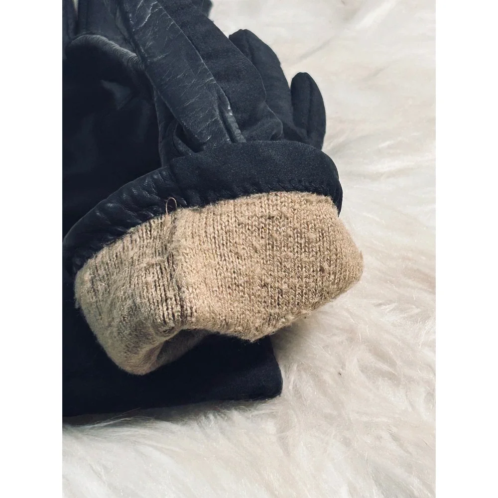 Isotoner by Aris Womens Black Leather Spandex Gloves Gold Chevron One Size - Picture 7 of 7